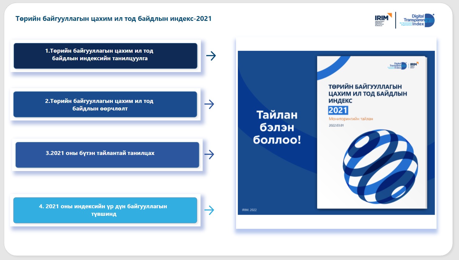 ‘Төрийн байгууллагын цахим ил тод байдлын индекс 2021’ үр дүн dashboard хэлбэрээр  гарлаа